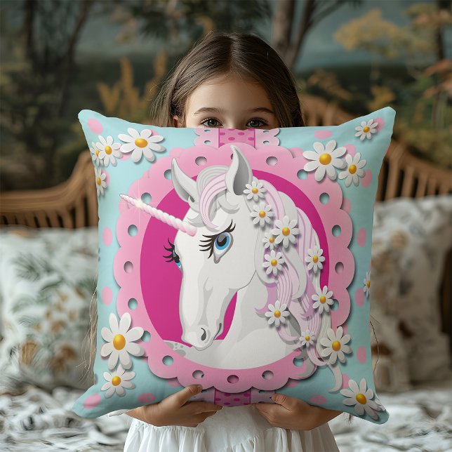 Retro Unicorns and Daisies Pattern on Blue Cushion (Creator Uploaded)