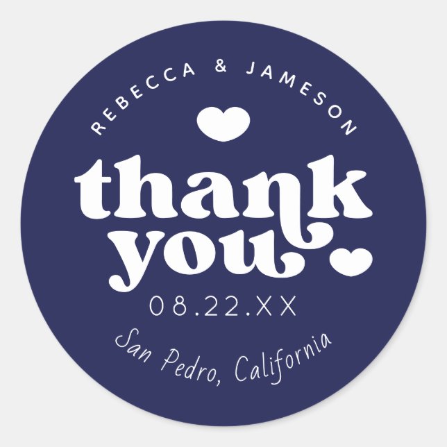 Retro Union Dark Blue Wedding Thank You Classic Round Sticker (Front)