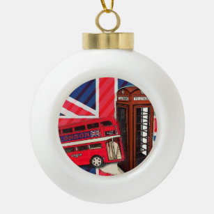 Retro Union Jack London Bus red telephone booth Ceramic Ball Christmas Ornament