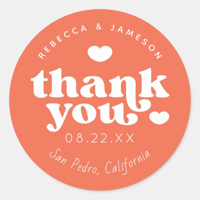 Retro Union Persimmon Orange Wedding Thank You Classic Round Sticker (Front)