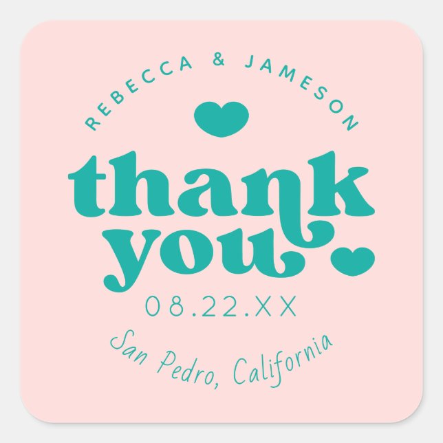 Retro Union Pink and Teal Wedding Thank You Square Sticker (Front)