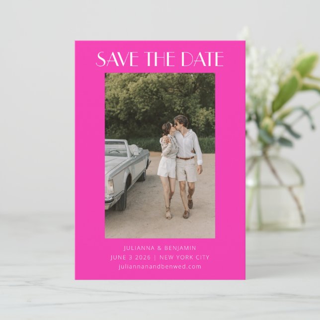 Retro Unique Hot Pink Art Deco Photo Wedding Save The Date (Standing Front)