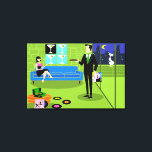 Retro Urban Cartoon Couple Stretched Canvas Print<br><div class="desc">This Retro Urban Cartoon Couple Stretched Canvas Print features the cartoon drawing of an elegantly decorated penthouse apartment, overlooking a city skyline. The apartment features a green floor and a green brick wall. On the wall are four Classic Movie Martini Stretched Canvas Prints, also available from StrangeLittleOnion's Zazzle store (hint,...</div>