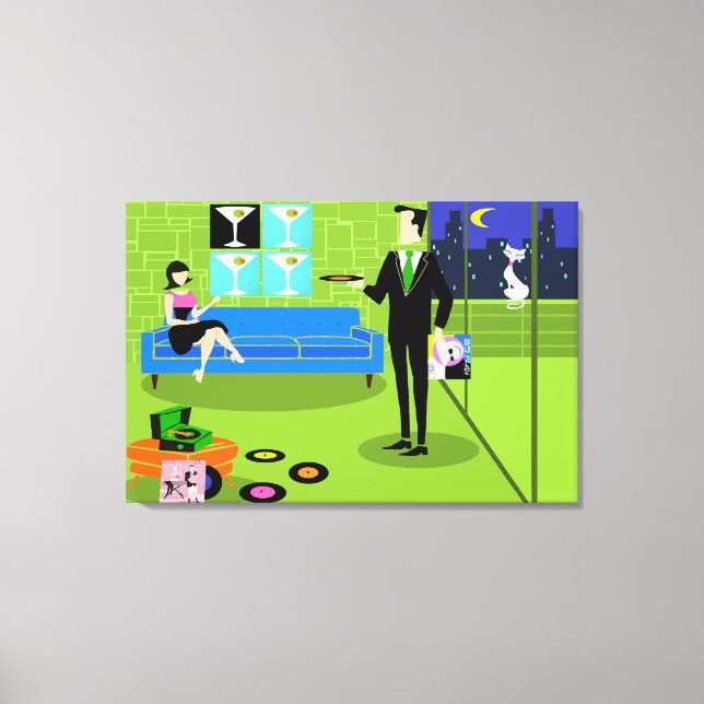 Retro Urban Cartoon Couple Stretched Canvas Print (Front)