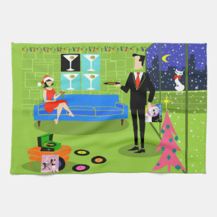 Retro Urban Christmas Couple Kitchen Towel