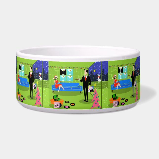 Retro Urban Christmas Couple Pet Bowl (Front)