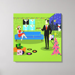 Retro Urban Christmas Couple Stretched Canvas Print