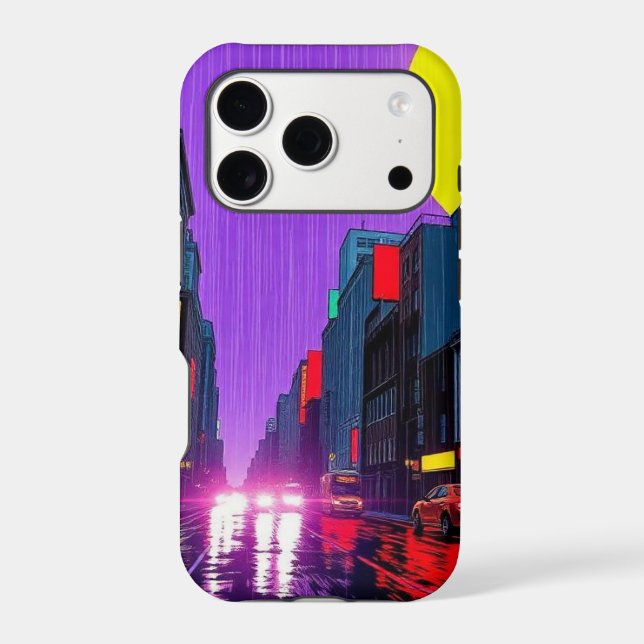 Retro Urban Rain Cityscape Pop Art iPhone Case (Back)