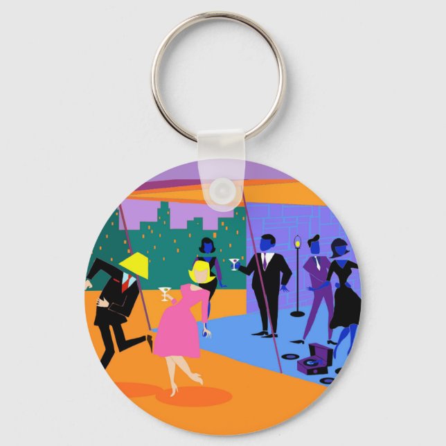 Retro Urban Rooftop Party Button Keychain (Front)