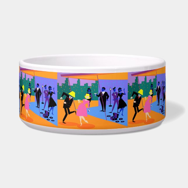 Retro Urban Rooftop Party Pet Bowl (Front)