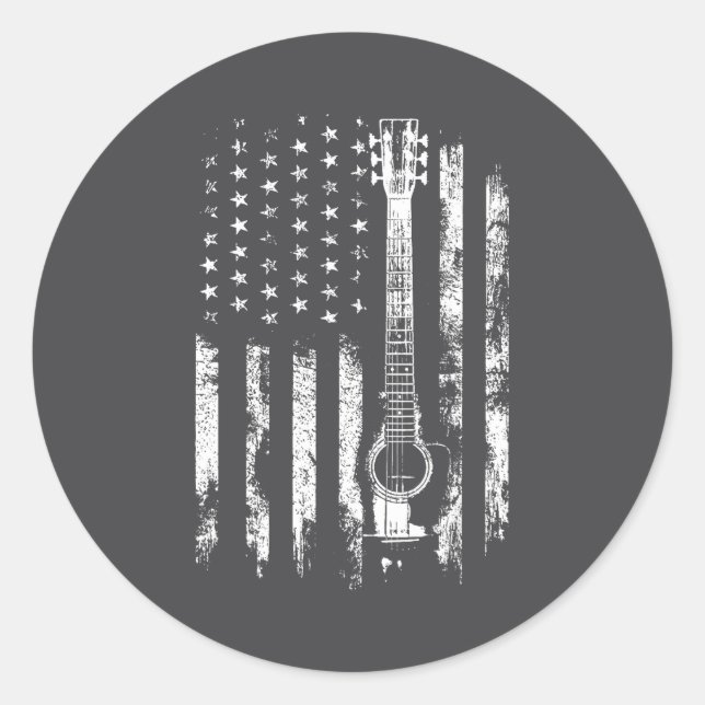Retro Us Flag Acoustic Guitar Distressed Patriotic Classic Round Sticker (Front)