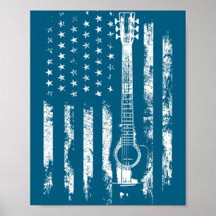 Retro Us Flag Acoustic Guitar Distressed Patriotic Poster