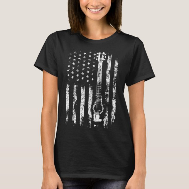 Retro Us Flag Acoustic Guitar Distressed Patriotic T-Shirt (Front)