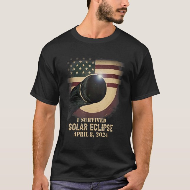 Retro US Flag I Survived Total Solar Eclipse 2024 T-Shirt (Front)