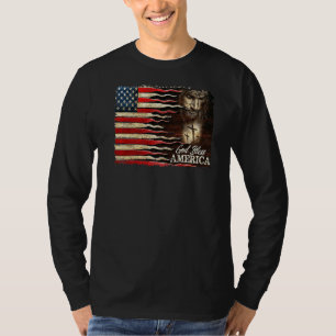 Retro US Flag Jesus Cross God Bless America Patrio T-Shirt
