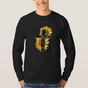 Retro Us Flag Sunflower Jesus Cross Faith Christia T-Shirt