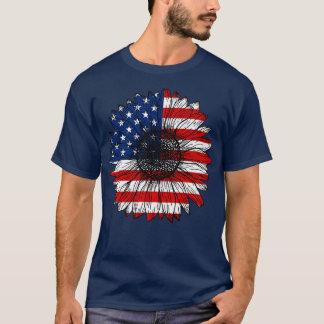 Retro US Flag Sunflower Lover Funny Patriotic 4th  T-Shirt