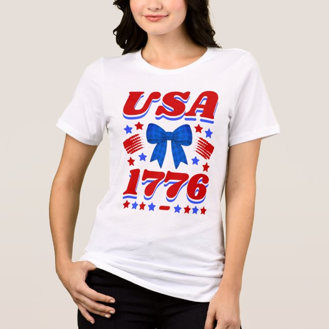Retro USA 1776 Blue Gingham Bow Tri-Blend Shirt (Front)