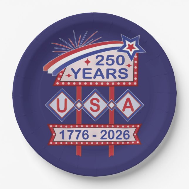 Retro USA 250th Anniversary Marquee Sign 1776-2026 Paper Plate (Front)