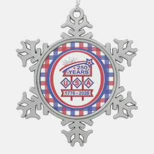 Retro USA 250th Anniversary Marquee Sign 1776-2026 Snowflake Pewter Christmas Ornament