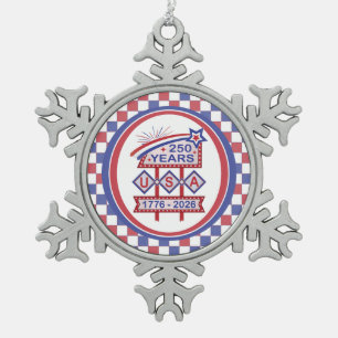 Retro USA 250th Anniversary Marquee Sign 1776-2026 Snowflake Pewter Christmas Ornament