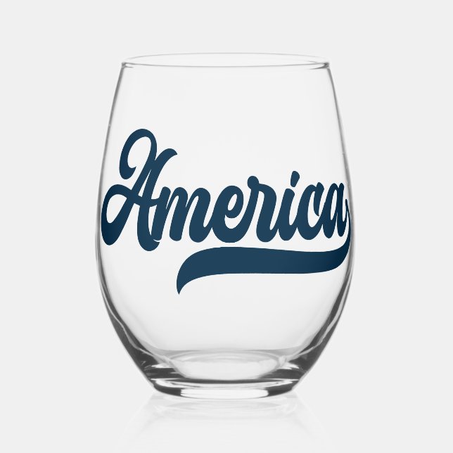 Retro USA America in Decorative Navy Blue Script Stemless Wine Glass (Front)
