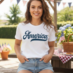 Retro USA America in Decorative Navy Blue Script T-Shirt