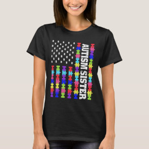 Retro Usa Flag Autism Sister Puzzle Autistic Aware T-Shirt