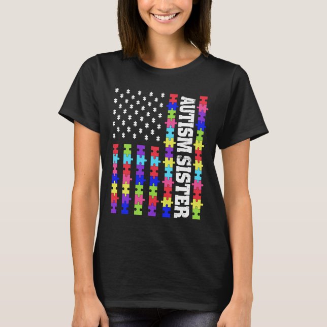 Retro Usa Flag Autism Sister Puzzle Autistic Aware T-Shirt (Front)