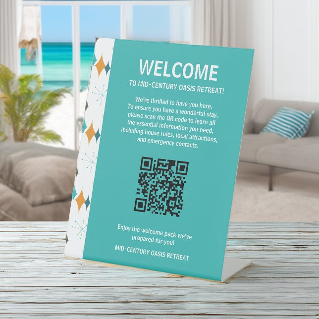 Retro Vacation Rental Welcome Guest QR Code  Pedestal Sign (Creator Uploaded)