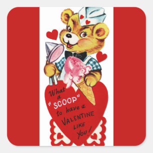 Retro Valentine Bear and Ice Cream Square Sticker