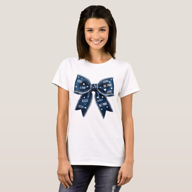 Retro Valentine Bow Denim  T-Shirt (Front Full)