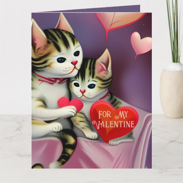 Retro Valentine Cute Kittens and Hearts Card (Front)