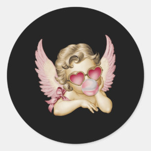 Retro Valentine Day Heart Sungles Cupid Blowing Bu Classic Round Sticker