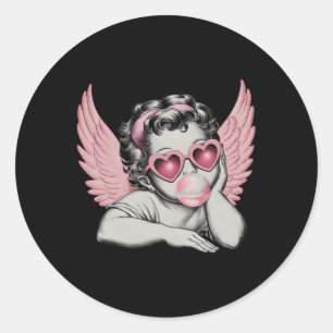 Retro Valentine Day Heart Sungles Cupid Blowing Bu Classic Round Sticker