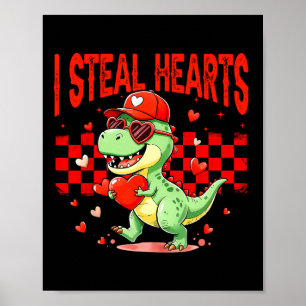 Retro Valentine Dino Holding Heart Chequered I Ste Poster