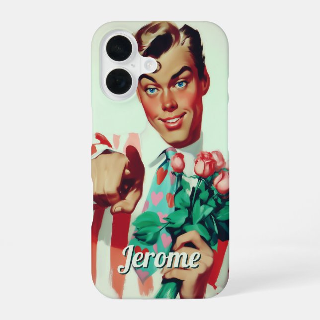Retro Valentine Flirty Guy iPhone 16 Case (Back)