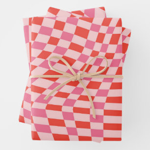 Retro Valentine Pink Red Wavy Chequerboard Cute Wrapping Paper Sheet