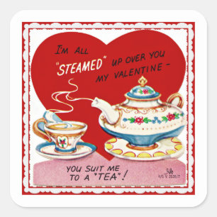 Retro Valentine Tea Cup and Teapot Square Sticker