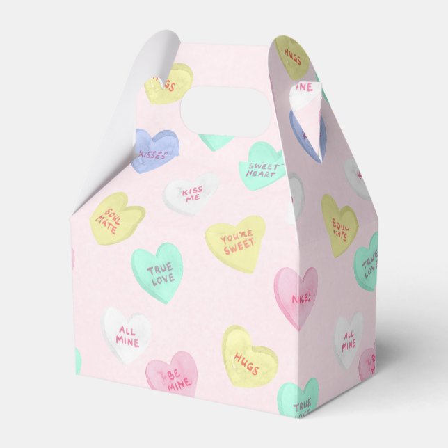 Retro Valentine's Day Candy Hearts on Baby Pink Favour Box (Front Side)