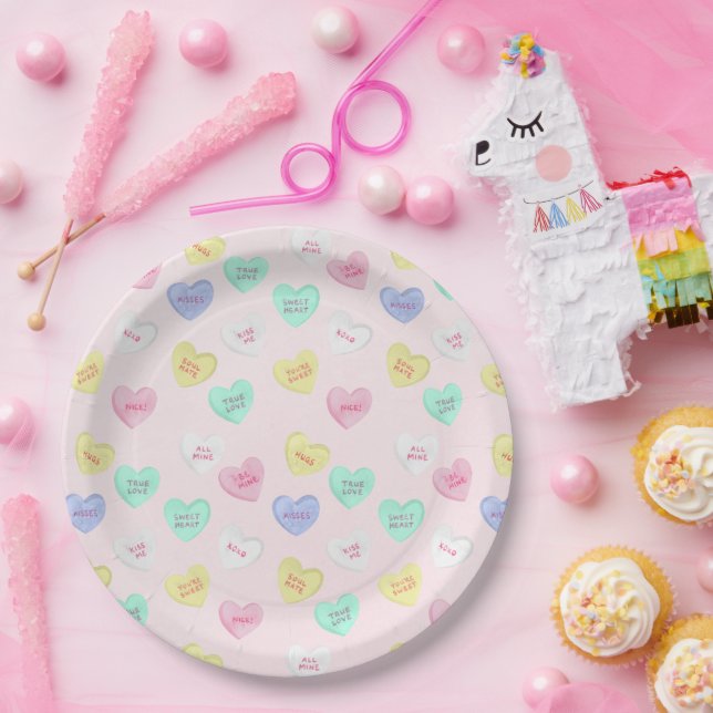 Retro Valentine's Day Candy Hearts on Baby Pink Paper Plate (Party)