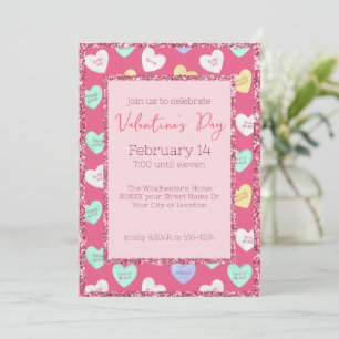 Retro Valentine's Day Candy Hearts on Pink Invitation