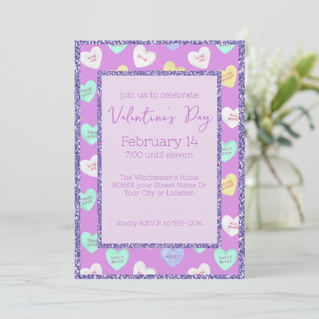 Retro Valentine's Day Candy Hearts on Purple Invitation (Standing Front)