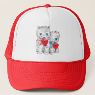 Retro Valentine's Day Cats, Vintage Cute Kitten Trucker Hat