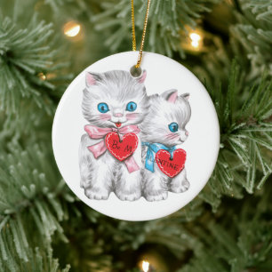 Retro Valentine's Day Cats, Vintage Fluffy Kittens Ceramic Tree Decoration
