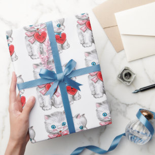 Retro Valentine's Day Cats, Vintage Fluffy Kittens Wrapping Paper