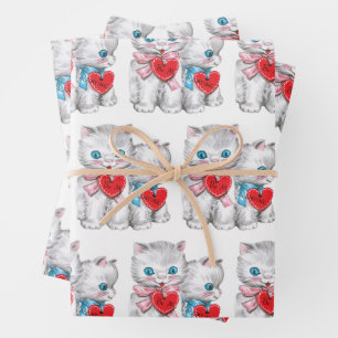 Retro Valentine's Day Cats, Vintage Fluffy Kittens Wrapping Paper Sheet
