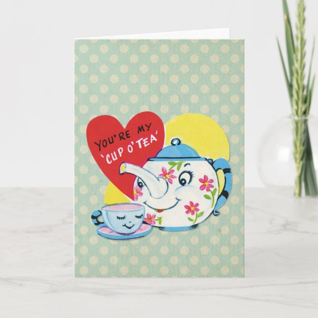 Retro Valentines Day Cute Tea Set Blue Polka Dots Holiday Card (Front)
