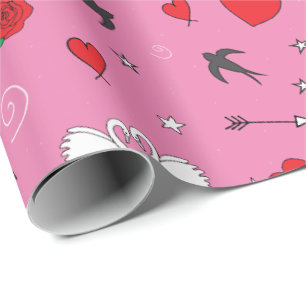 Retro Valentines Day Pattern on Pink Wrapping Paper
