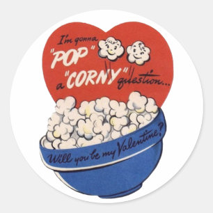 Retro Valentines Day, Popcorn Pop a Corny Question Classic Round Sticker